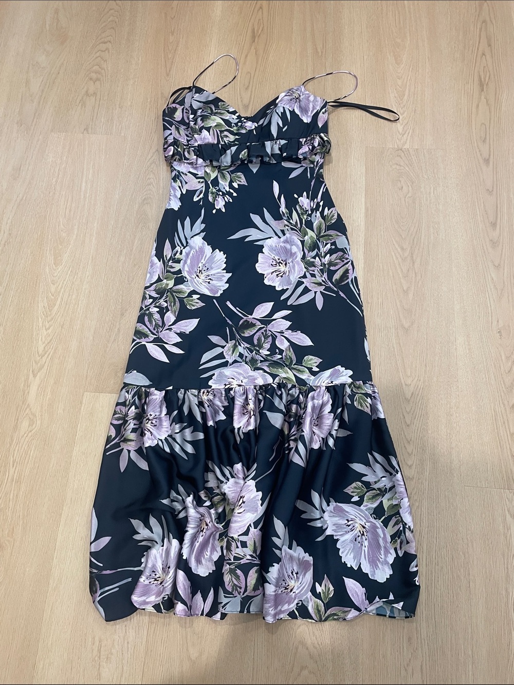 Jill Stuart Black Midi Dress with Lavender Floral Print